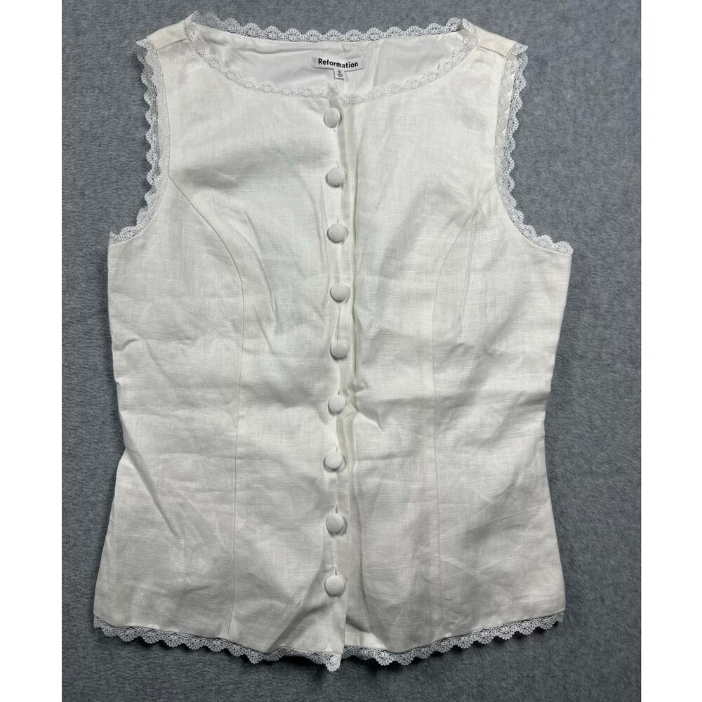Reformation Amela Linen Blouse Top Womens SZ 0 White Sleeveless Lace Trim Button